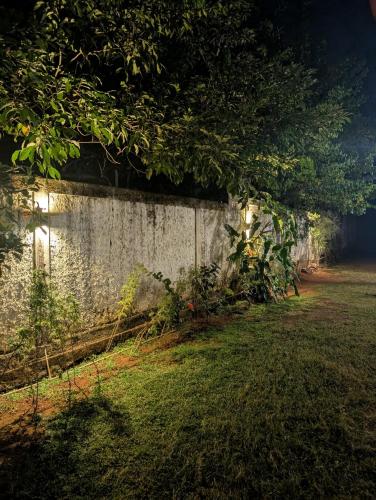 a stone wall with trees and a grass field at Sea Breeze Rest in Talalla