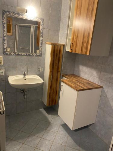 a bathroom with a sink and a toilet and a mirror at Biohof Kroisleitner Ferienwohnung Abendsonne 