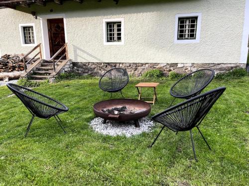 three chairs and a fire pit in a yard at Das Detox Almhaus in Pusterwald
