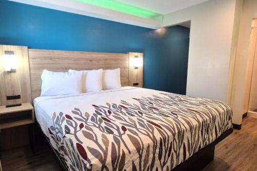 a bed in a hotel room with a blue wall at Exclusivo Inn by OYO Grand Prairie, TX in Grand Prairie