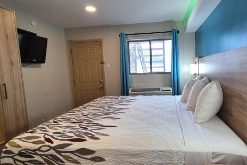 a bedroom with a large bed and a window at Exclusivo Inn by OYO Grand Prairie, TX in Grand Prairie