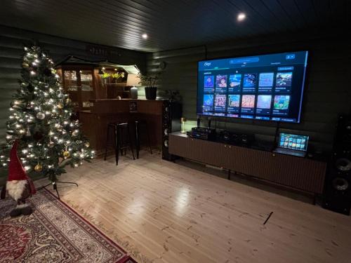 a christmas tree in a room with a large television at Villa Jalaja in Mäntyharju