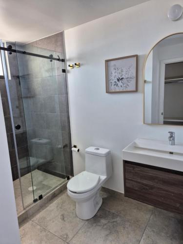 a bathroom with a shower and a toilet and a sink at Departamento con 3 habitaciones en Torre Palmas in Tijuana