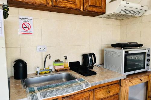 a kitchen counter with a sink and a microwave at HOSPEDAJE " Doña Ana" a 15 minutos del Aeropuerto Internacional de Ezeiza con Parking Gratis in Tristán Suárez