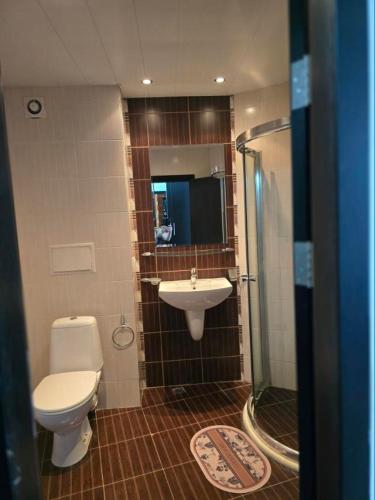 a bathroom with a toilet and a sink and a shower at Sarafovo ATLANTIS 58 in Burgas