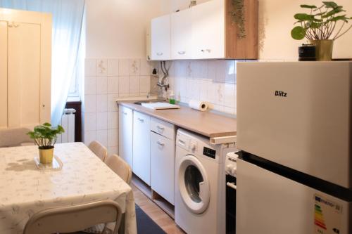 a kitchen with a washer and dryer and a table at Srebrnjak Apartment - a Touch Faded, but Classic in Zagreb