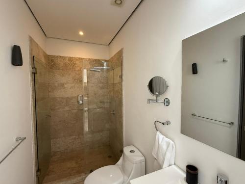 a bathroom with a shower and a toilet and a sink at Departamento de 4 recámaras con vista al mar in Acapulco