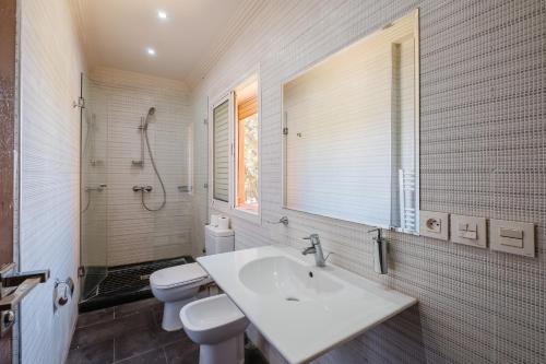 a bathroom with a sink and a toilet and a shower at Villa with Private Garden & Pool Ourika, Atlas Mountains in Sidi Bouzguia
