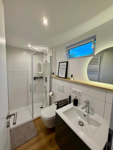 a bathroom with a sink and a toilet and a shower at Ferienhaus im Grünen - Entspannen mit Alpakas in Treuen