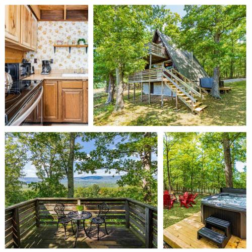 a collage of four pictures of a cabin at Great Views! A-Frame w Hot Tub, Grill & Fire Pit in Morton Grove
