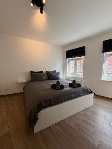a white bedroom with a large bed with two windows at Appartement au coeur de Spa avec parking privé in Spa