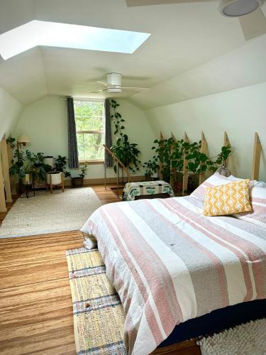 a bedroom with a bed in a room with potted plants at Blissful Acres hilltop cottage in Grass Valley