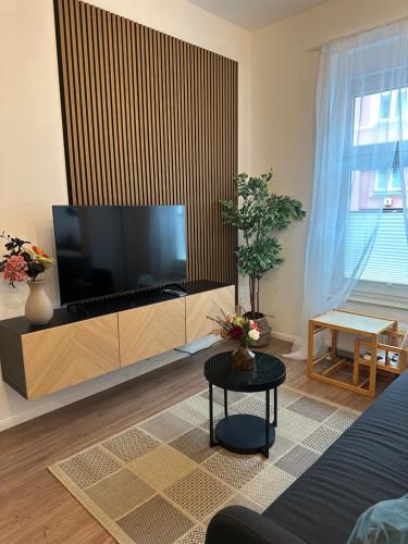 a living room with a large flat screen tv at Altstadt Apartment beim Schlossgarten in Schwerin