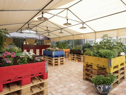 a greenhouse with flowers and plants in wooden crates at Ibis Granada in Granada