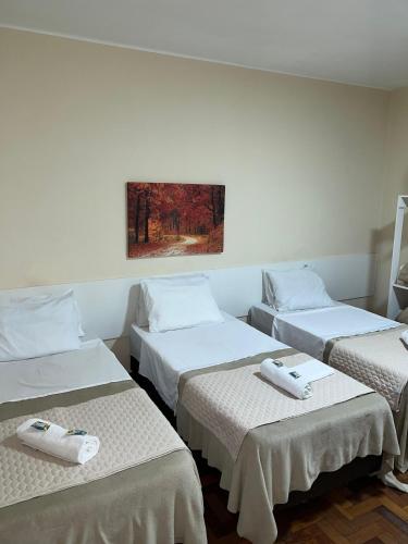 three beds in a room with a painting on the wall at Hotel Avenida in Nova Friburgo