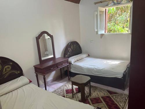 a room with two beds and a mirror and a dresser at Hamd Nubian Guest House in Aswan