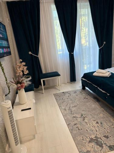a bedroom with blue curtains and a bed and a chair at Edmay Byrelax in Sighetu Marmaţiei