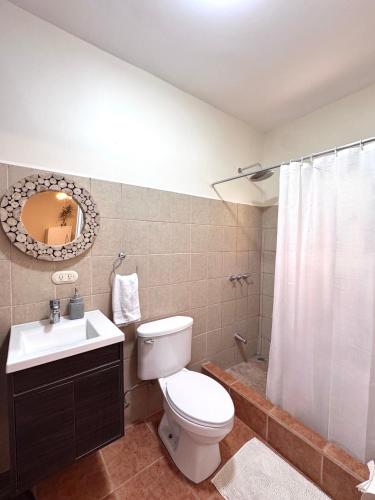 a bathroom with a toilet and a sink and a mirror at Tiny Paradise Ground Floor Studio in Coco