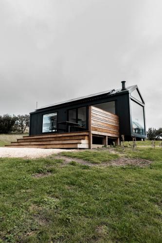 a modern house with glass windows on a field at Swell At Cape Bridgewater in Cape Bridgewater