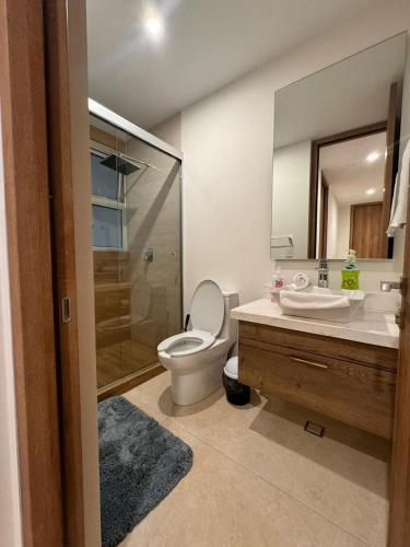 a bathroom with a toilet and a sink and a shower at Departamento a pie de playa en Camino al Mar in Mazatlán