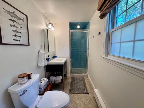a bathroom with a toilet and a sink and a shower at The Brewster Pearl in Brewster
