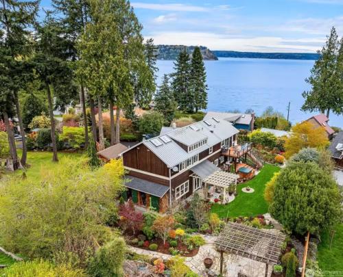 an aerial view of a large house with a garden at Langley House - Water & Mountain Views, Hot Tub, Firepit in Langley