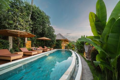 a pool with chairs and umbrellas next to a house at Rumah Kita Ecolodge in Ubud