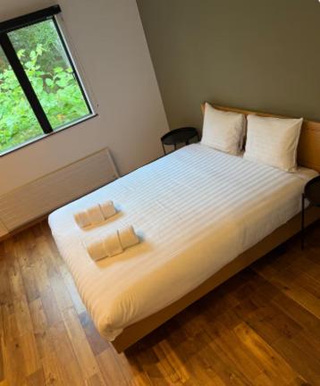 a bedroom with a bed with two pillows and a window at Duna Colorada Niseko in Rankoshi