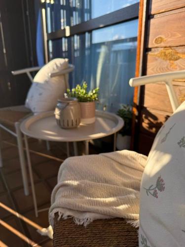 a table with plants on it next to a window at Stenata LightWill in Banya