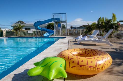 a swimming pool with an inflatablelatable turtle and a playground at Heatherbrae Holiday Village in Heatherbrae