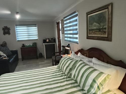 a bedroom with a bed with green and white pillows at Akkerhuys Guest House & Tours in Sedgefield