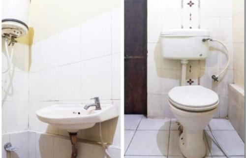 two pictures of a bathroom with a toilet and a sink at Hotel Maharaja Palace in Lucknow