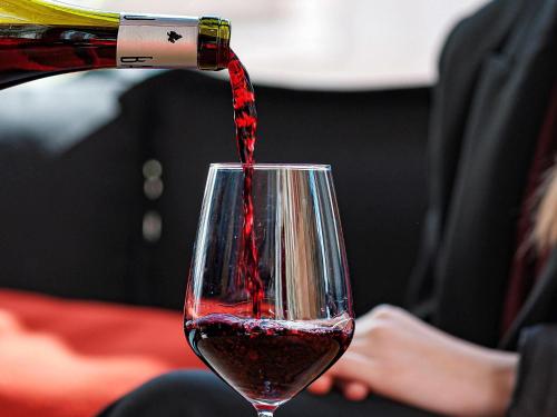 a person pouring red wine into a wine glass at Ibis Albi in Albi