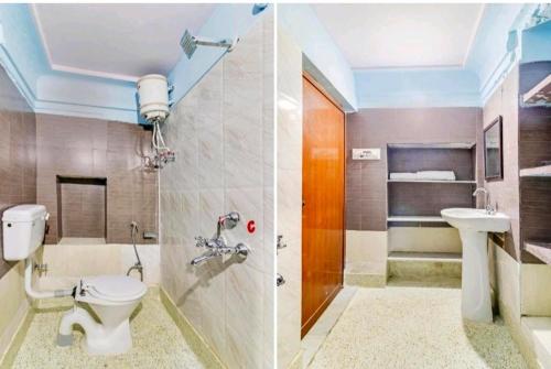 Jodhpur Heritage Haveli Guest House في جودبور: صورتين لحمام به مرحاض ومغسلة