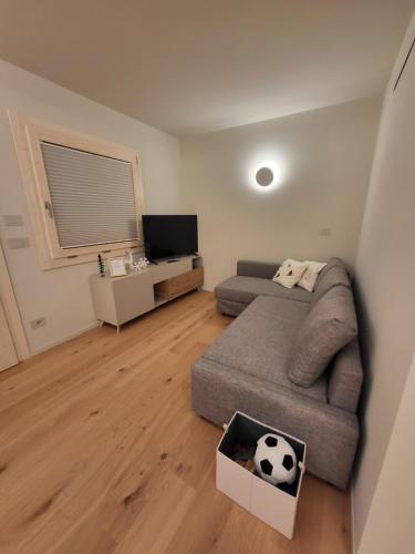 a living room with a couch and a television at La Dimora delle Nevi in Aosta