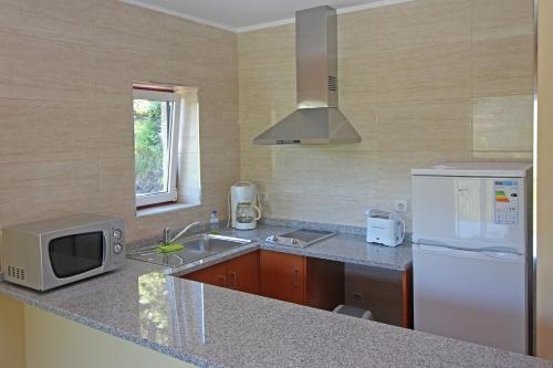 a kitchen with a white refrigerator and a microwave at Encostas da Torre in Terras de Bouro