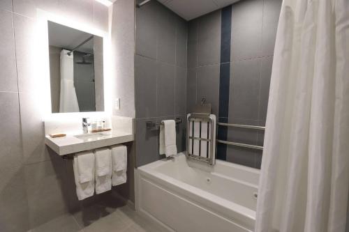 a bathroom with a tub and a sink and a bath tub at Radisson Plaza Hotel at Kalamazoo Center in Kalamazoo