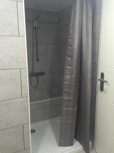 une douche avec un rideau de douche dans une salle de bain dans l'établissement Le Clos du Silberthal, à Steinbach