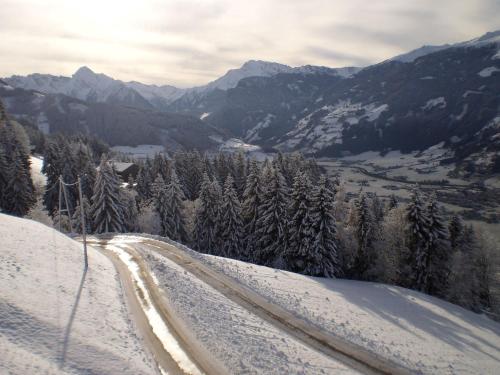 a road in the snow with trees and mountains at Apartment Greidlerhof in Rohrberg