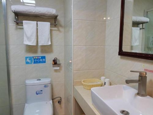 une salle de bain avec toilettes, lavabo et miroir dans l'établissement GreenTree Alliance Guangdong Shenzhen Pinghu Avenue Jingdu Town Hotel, à Tiantangwei