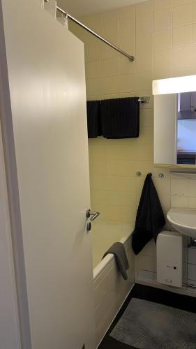 a bathroom with a toilet and a sink and a door at Fewo Fischer am Bischenberg in Sasbachwalden