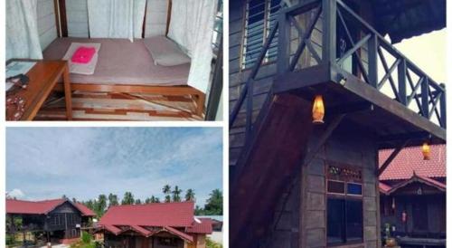 three different pictures of a house with a bed at MyDesaStay in Sekincan