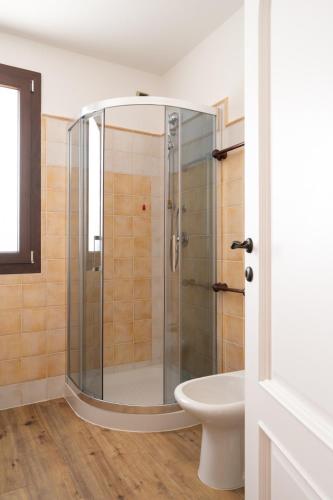 a bathroom with a shower with a sink and a toilet at Villa Olivastro by Klodge in Olbia