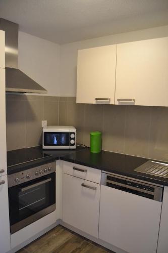 a kitchen with a stove and a microwave at Swiss Chalet Holidays Ringgenberg in Ringgenberg