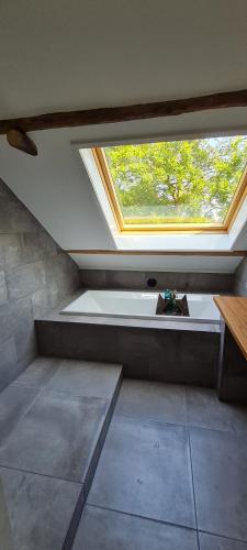 an attic room with a large window in the ceiling at Appartement Herbaijum in Herbaijum