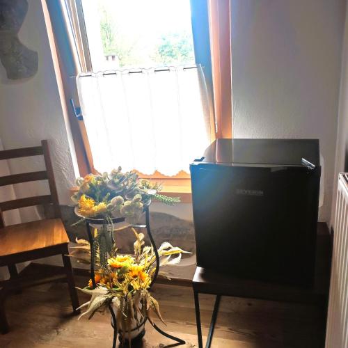 a television sitting on a table next to a window at La Tieda - locazione turistica Reolon in Belluno