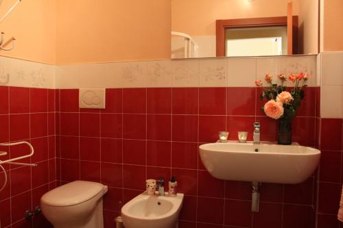 a bathroom with a sink and a toilet and a mirror at Casale La Barca in Albinia