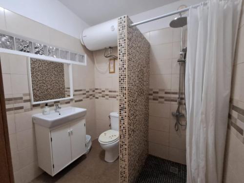 a bathroom with a toilet and a sink and a shower at New renovated duplex near the ocean located in Tenerife Sur in Costa Del Silencio