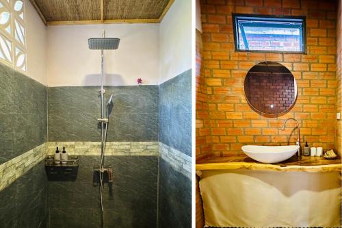 two pictures of a bathroom with a shower and a sink at Mekong Rustic Riverside in Ấp An Nhơn (3)