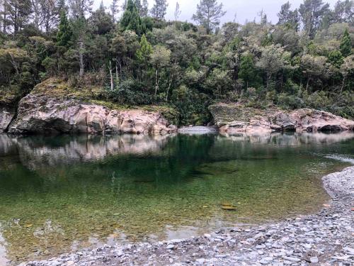 a body of water next to a hill with trees at The Station House Motel in Collingwood